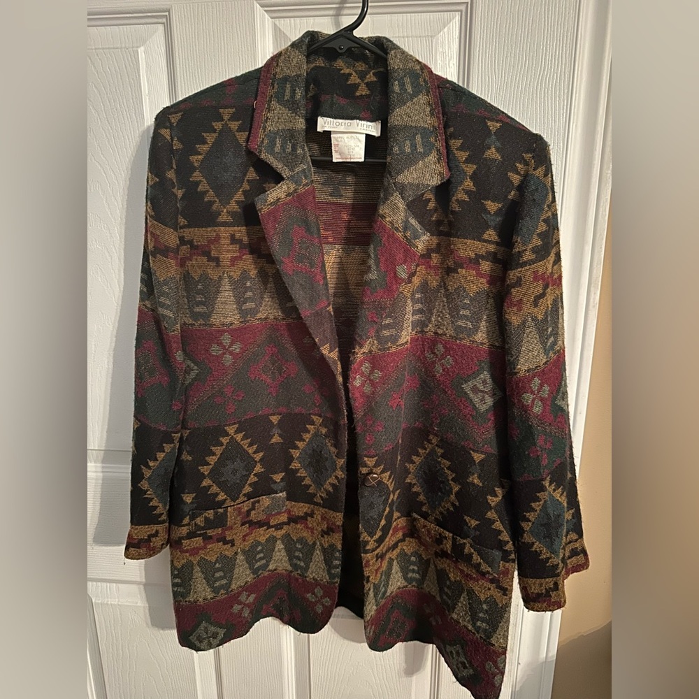 Women's vintage Patterned Aztec Blazer Jacket - Burgundy Multi
